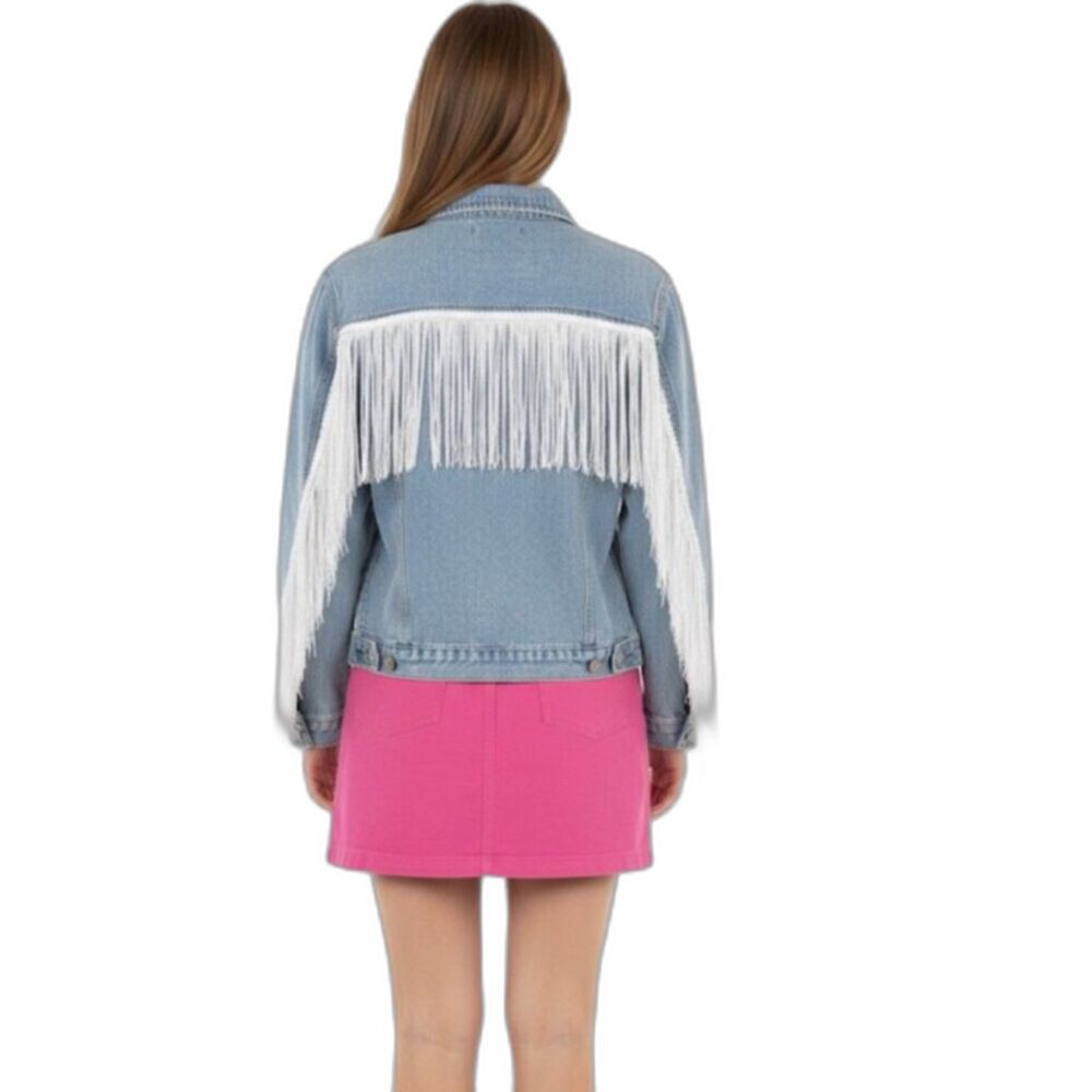 Elia-Cher Women's Blue Denim White Fringe Relaxed Fit Jean Jacket Size L (12-14)